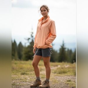 Eddie Bauer Tech Woven Pullover Lightweight Top In Peach Check - Size L